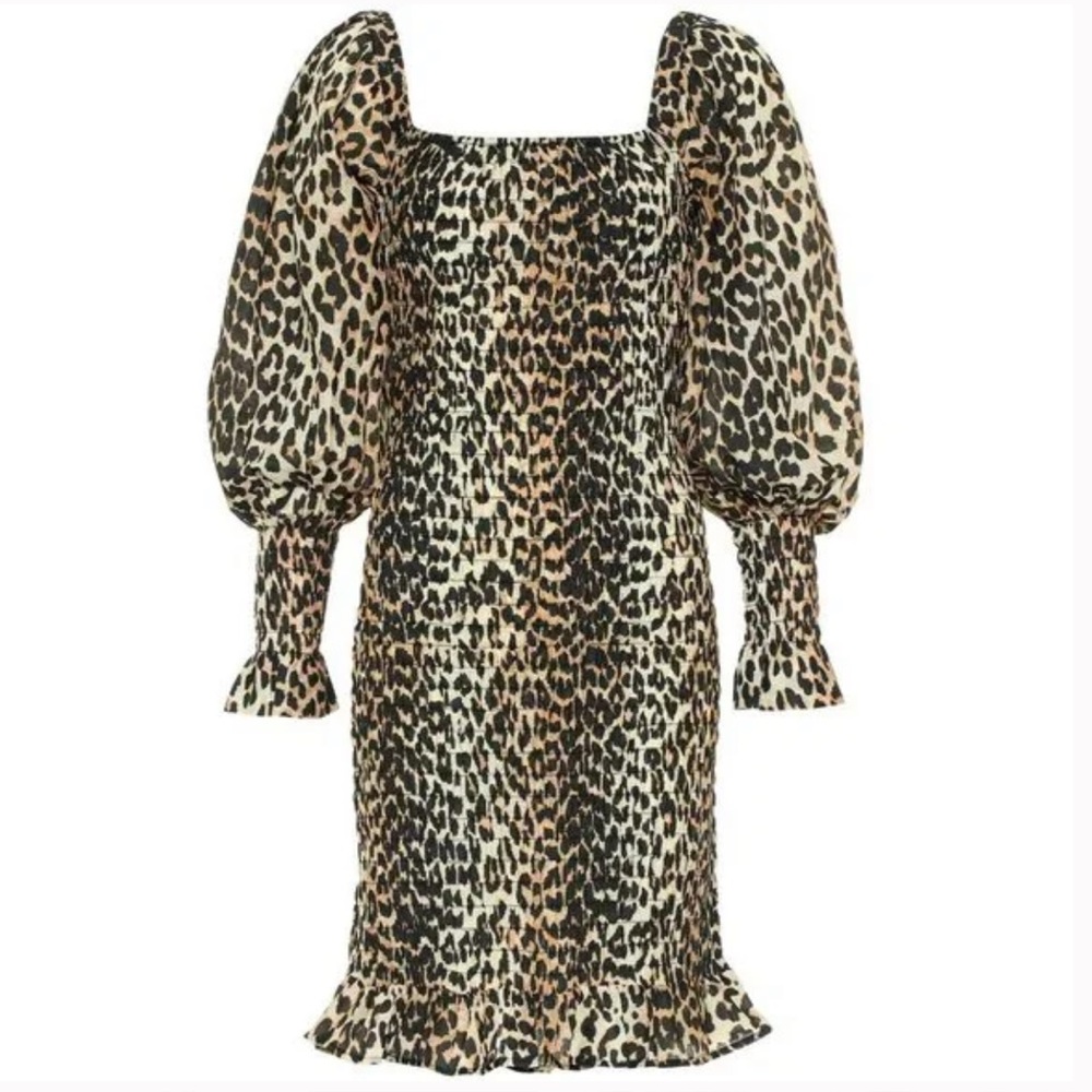 $325 GANNI Smocked Leopard Print Puff Sleeve Dress